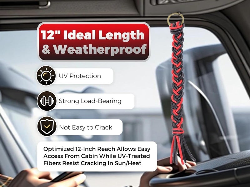 OKQX 12 Inch Red and Black Braided Air Horn Pull Cord Replacement - Heavy Duty Synthetic Leather Lanyard for Semi Truck, Tractor & Big Rig Accessories - Image 5